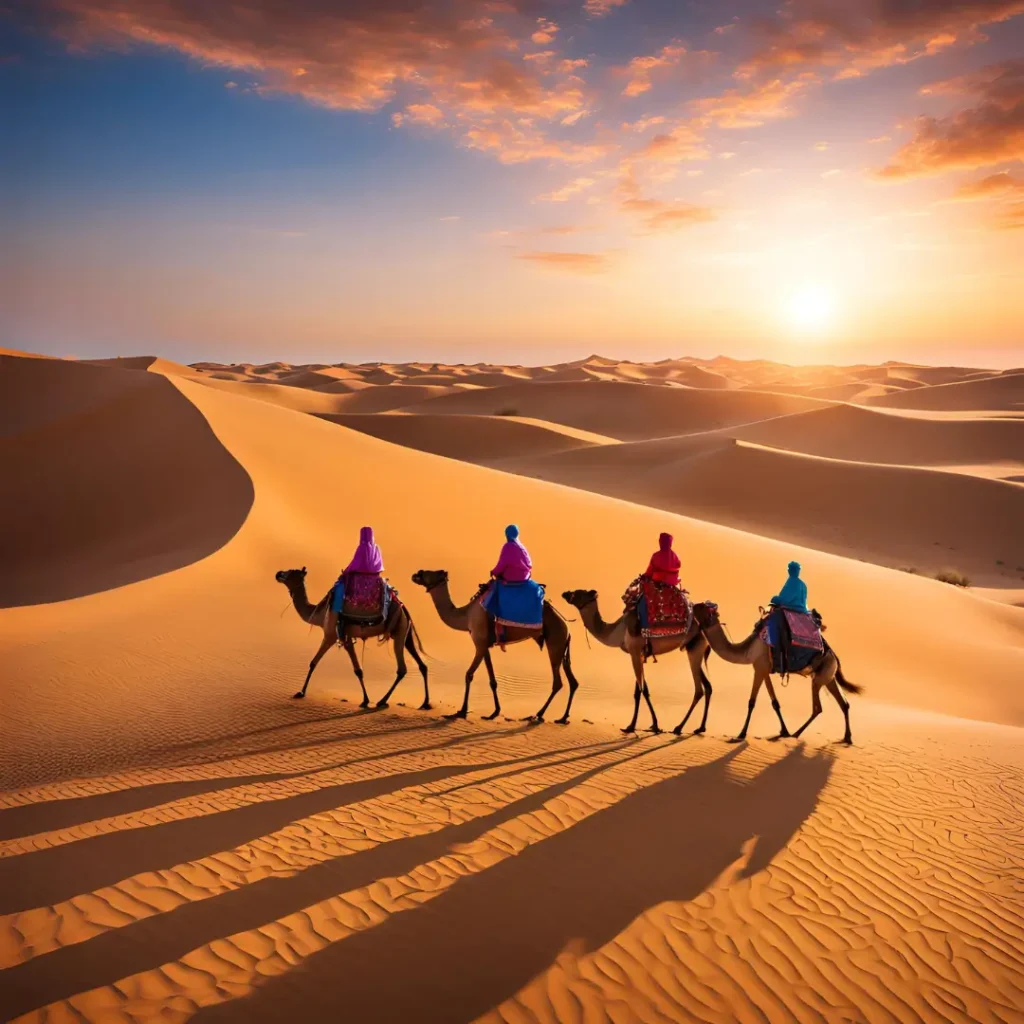 Camel ride at sunset during a luxury desert tour from Marrakech